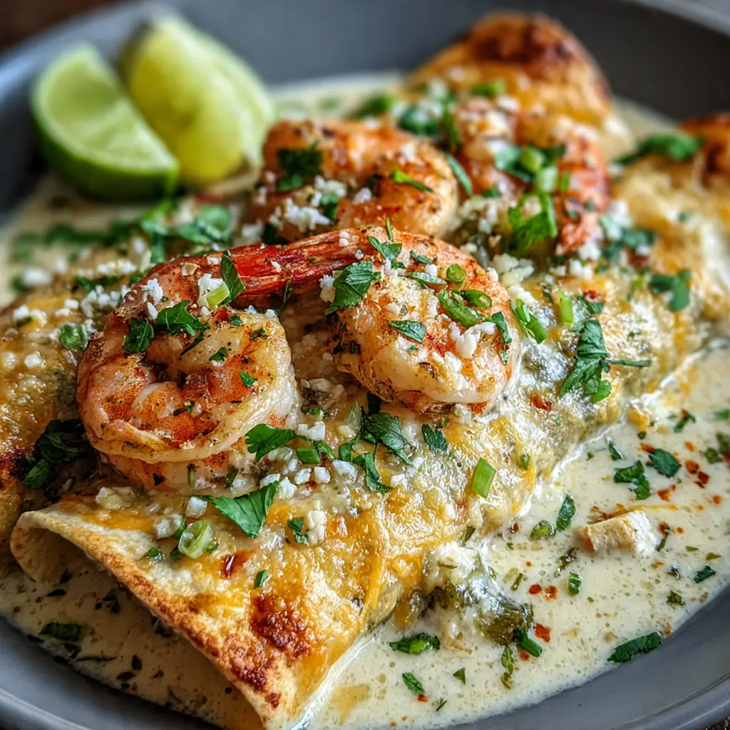 Close-up of a plated shrimp enchilada with creamy sauce drizzled over fresh cilantro and avocado