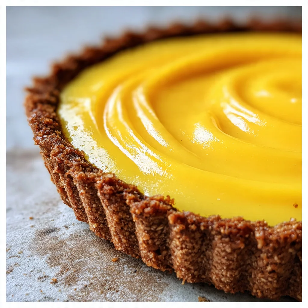 Golden shortbread crust filled with silky yellow mango curd and colorful garnishes