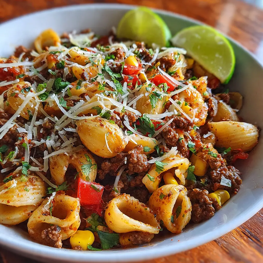 Family-style dinner table with a large bowl of Mexican pasta, refried beans, and warm tortillas