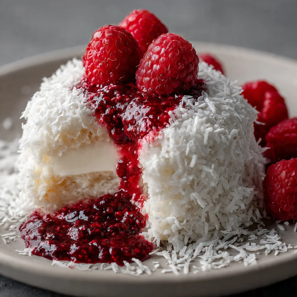 Close-up slice of coconut cake with layers of pink raspberry cream and white frosting