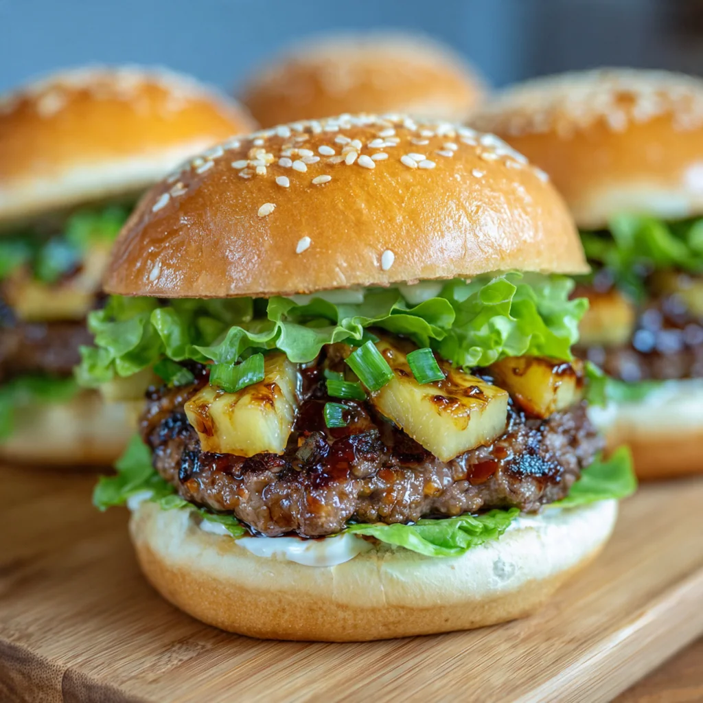 Close-up of a juicy beef patty glazed with homemade teriyaki sauce and sprinkled with sesame seeds