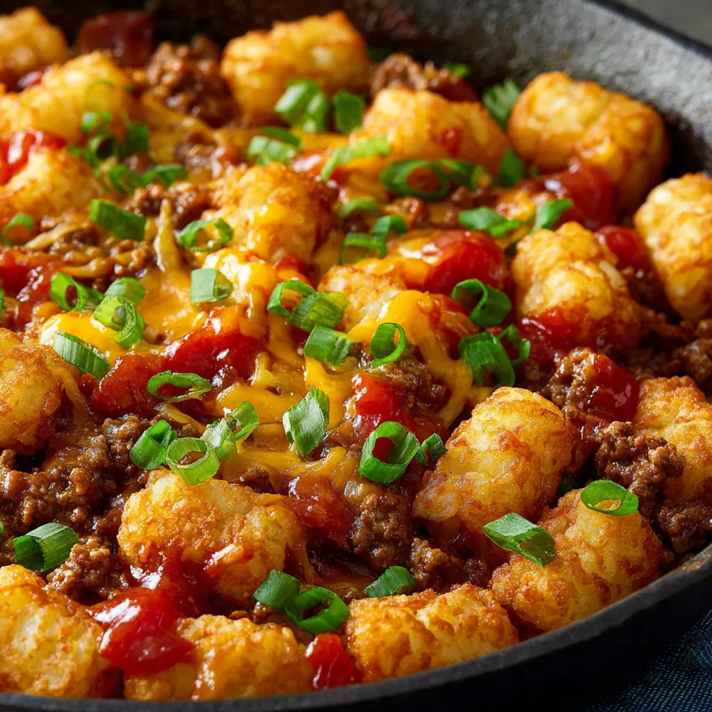 A served portion of Tater Tot Sloppy Joe Skillet garnished with green onions, with sour cream and pickles on the side