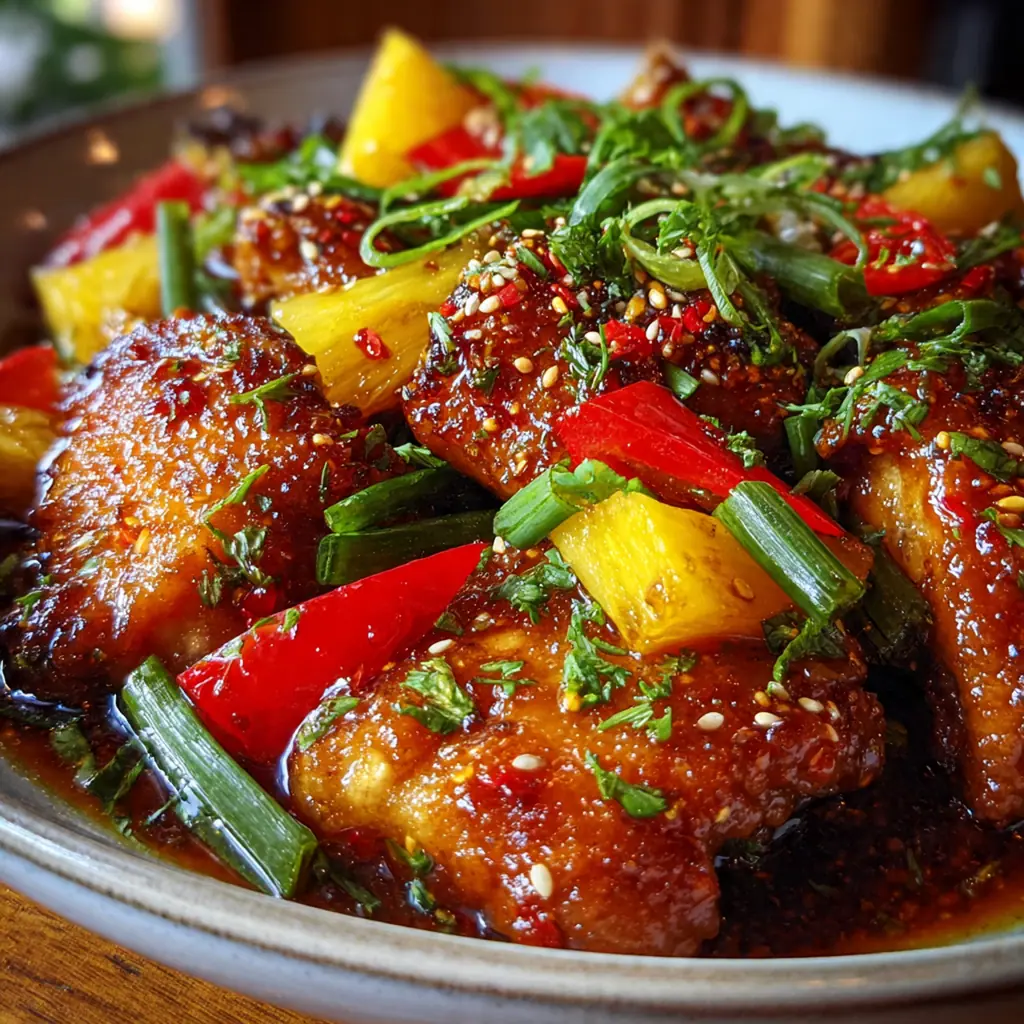 Close-up of crispy cornstarch-coated chicken thighs tossed with charred pineapple chunks and red bell peppers