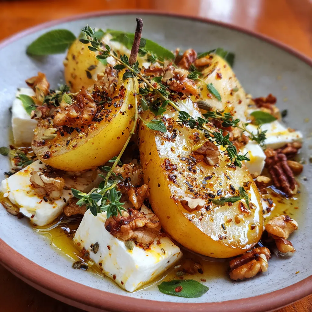 Close-up of a warm baked pear with creamy feta, toasted walnuts, and fresh thyme leaves scattered on top.