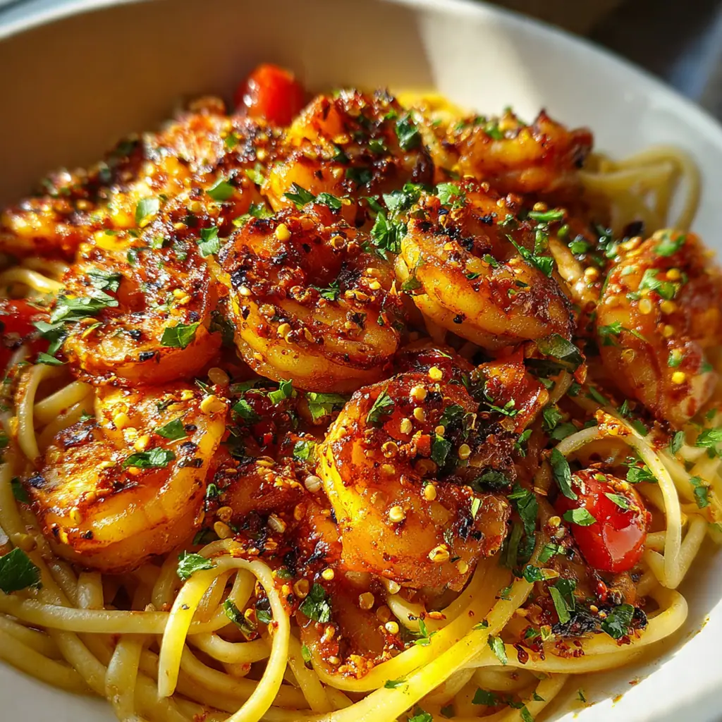 A bowl of spicy shrimp gochujang scampi served over a bed of steaming white rice