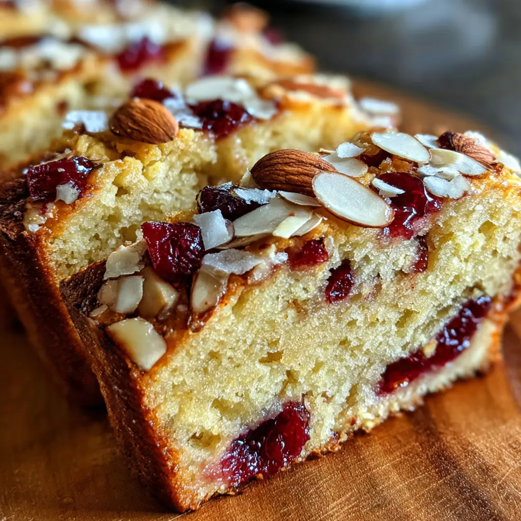 Close-up view of a thick slice of almond cherry bread next to a cup of coffee highlighting the tender crumb and cherry pieces