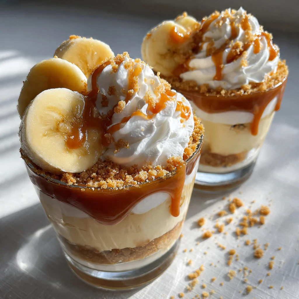 Close-up of a spoon diving into a creamy pudding cup with visible banana slices and caramel sauce