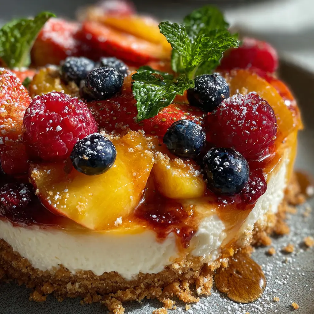 Fresh mixed berries and diced peaches piled on a creamy no-bake cheesecake with a graham cracker crust