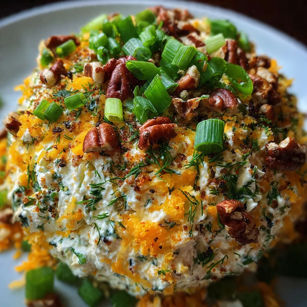 Creamy cheese ball with green pickle pieces and herbs surrounded by crackers