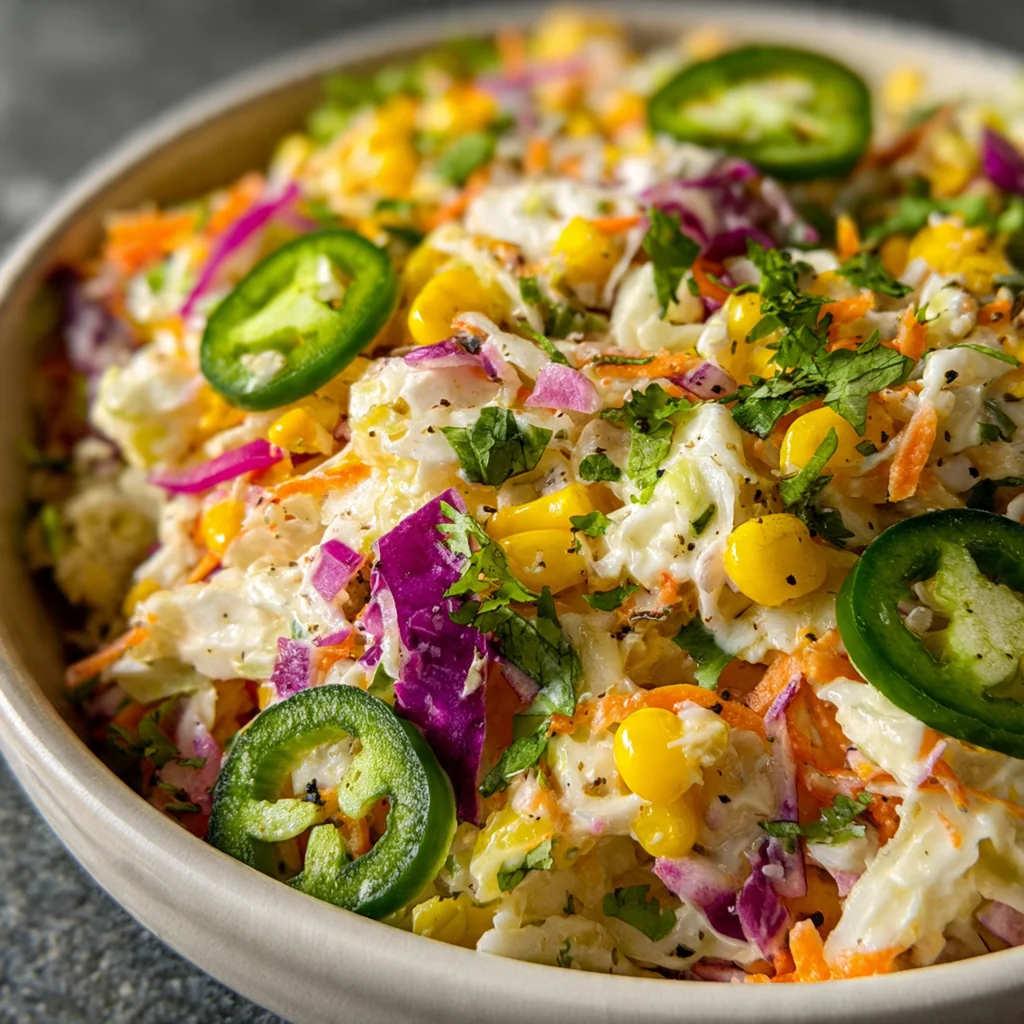 Vibrant bowl of Jalapeno Corn Coleslaw with red onion and fresh cilantro on a wooden table