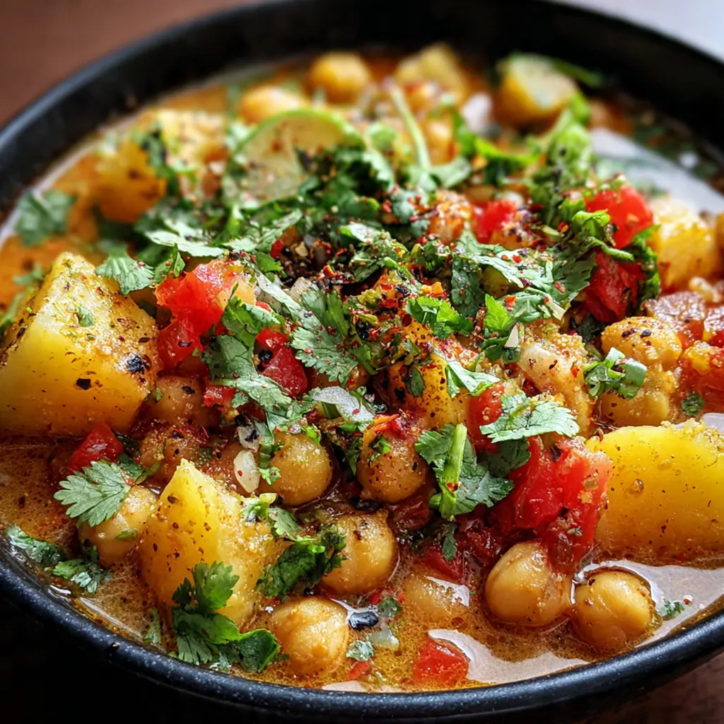 Rustic Dutch oven filled with homemade Indian potato chickpea curry garnished with lemon wedges