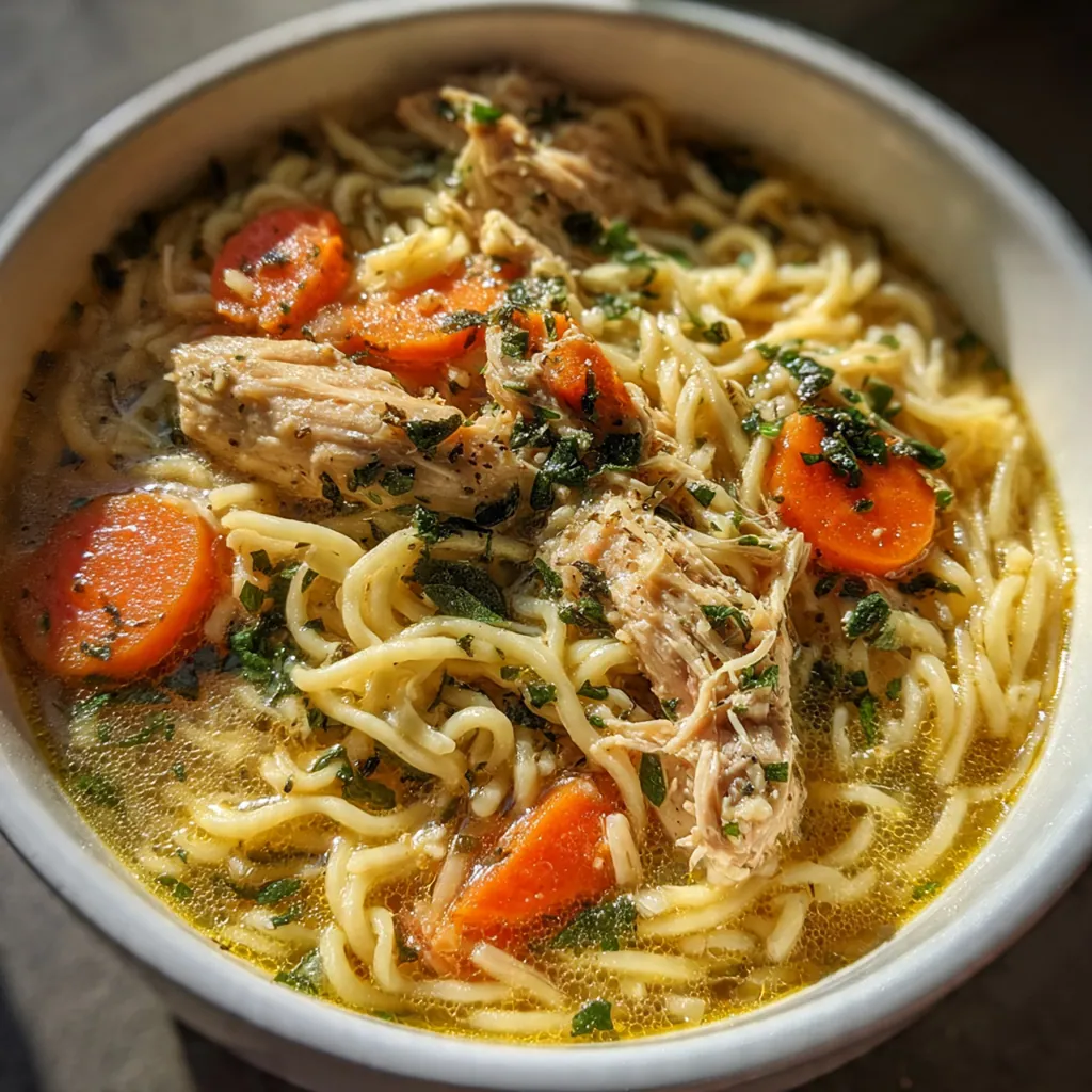A cozy bowl of homemade chicken noodle soup served with a lemon wedge and crusty bread on the side