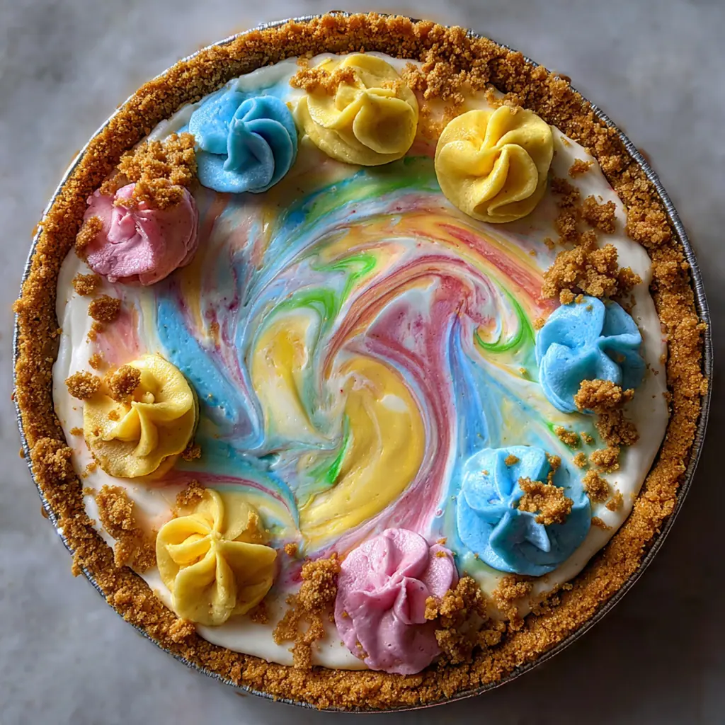 The whole Easter Swirl Cheesecake Pie topped with fresh strawberries and spring sprinkles on a pastel table setting