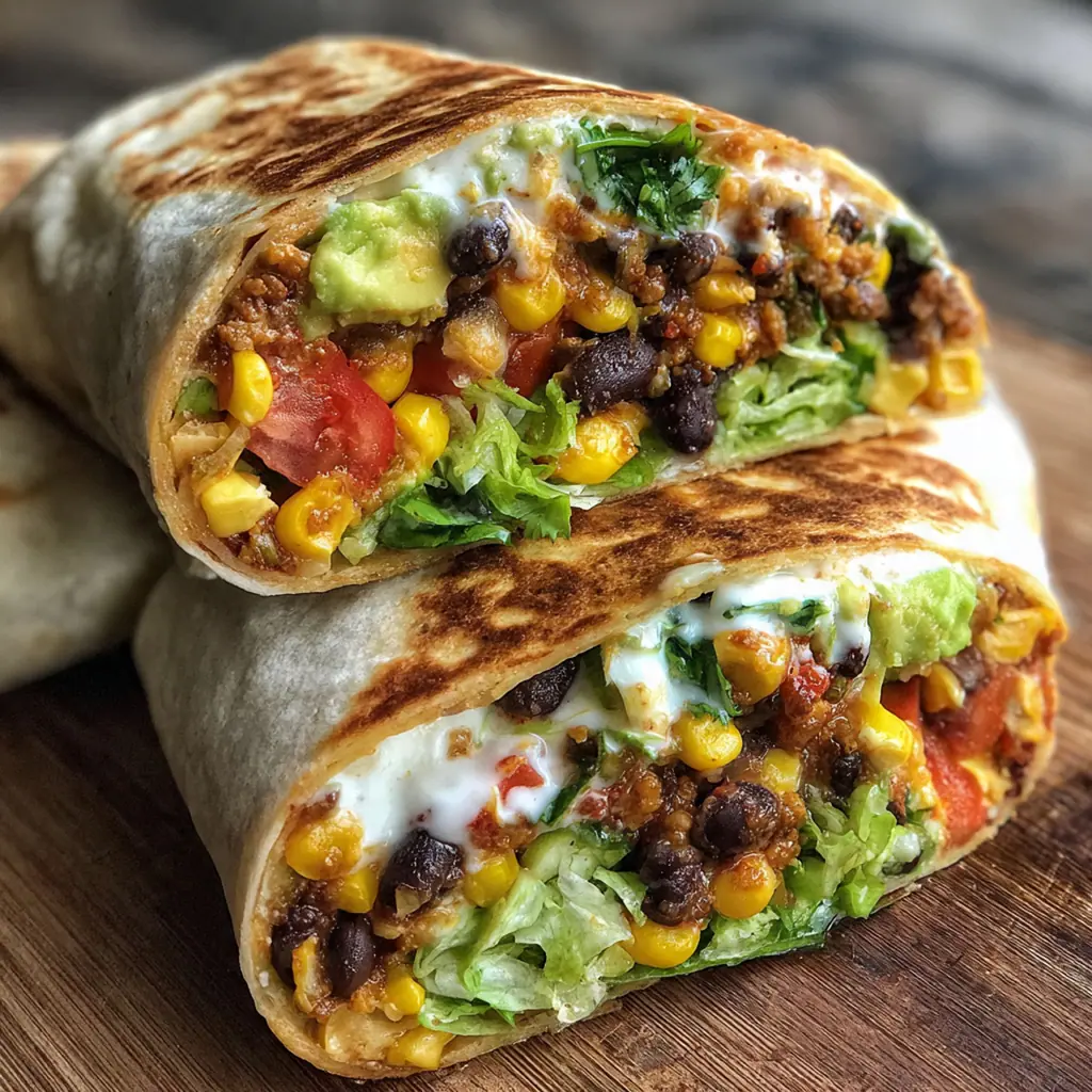 Close-up of a crispy folded crunchwrap with melted vegan cheese and a dollop of vegan sour cream