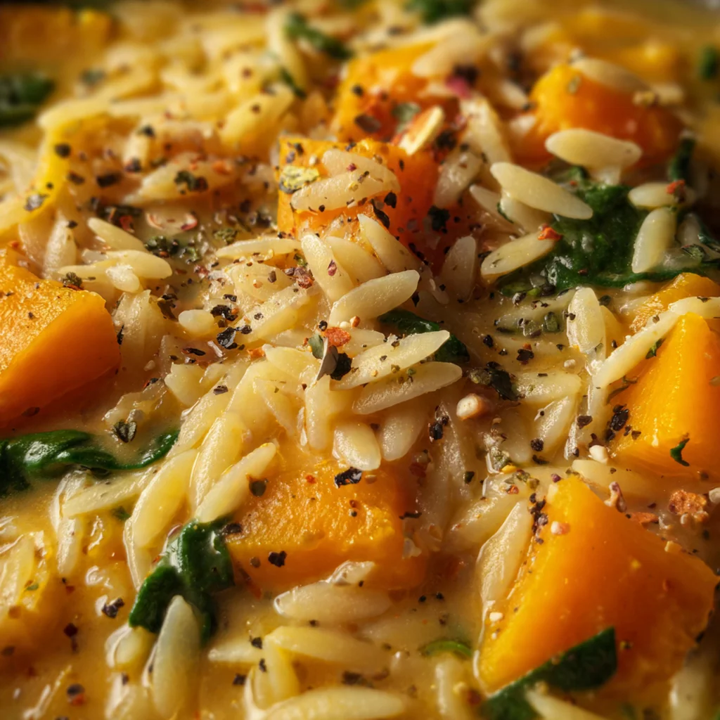 Close-up view of the creamy orzo butternut squash dish showing the texture of the toasted pasta and melted Parmesan