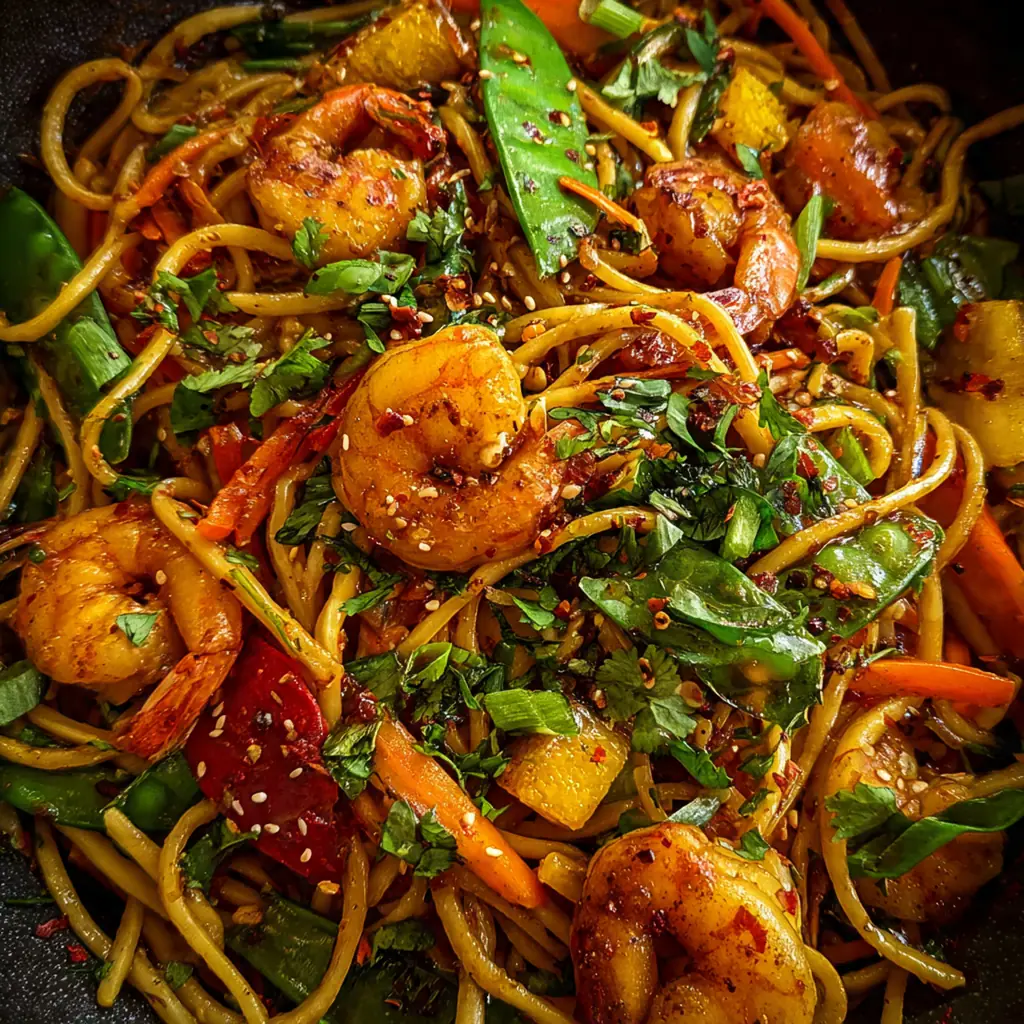 Close-up of tender shrimp and crisp vegetables piled atop chewy lo mein noodles