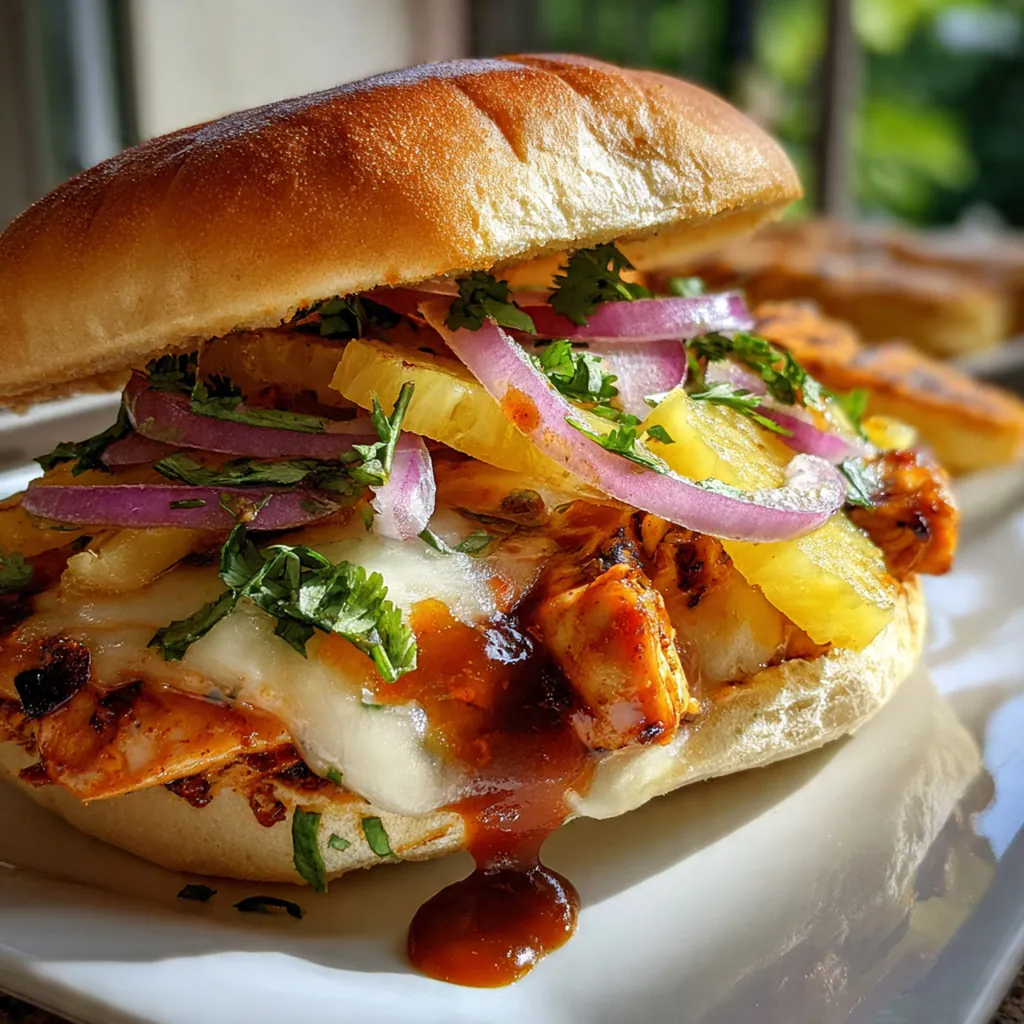 Close-up of a sliced sandwich showing layers of BBQ chicken, pineapple, and melted cheese