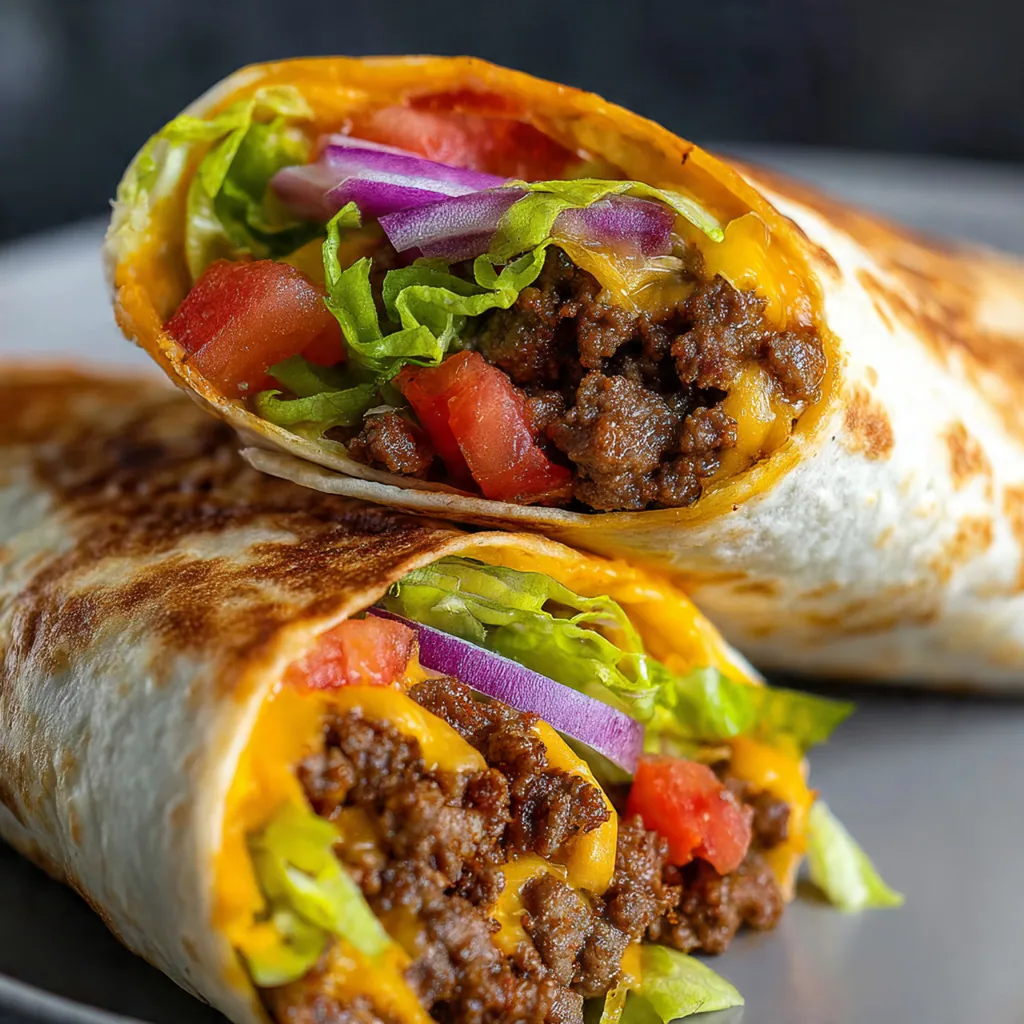 Close-up of a cut cheeseburger wrap revealing the juicy beef and melted cheddar filling