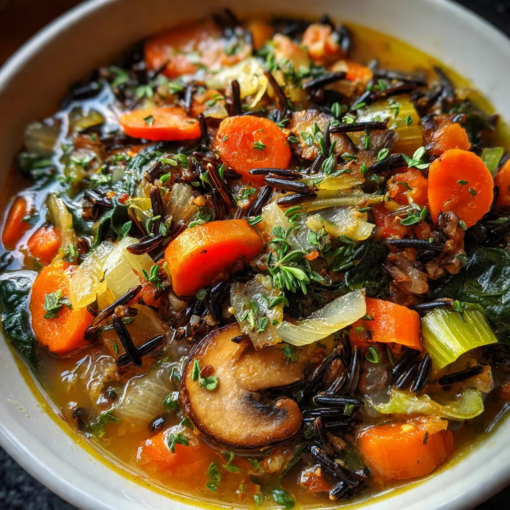 A pot of hearty chicken and mushroom wild rice soup simmering on a stovetop.