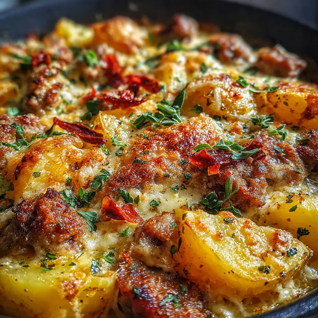 Close-up of a serving spoon lifting layers of sausage, potatoes, and creamy sauce