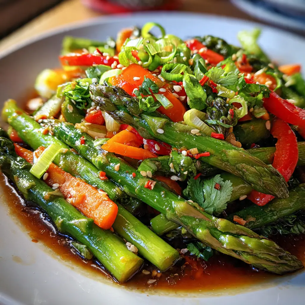 Tender-crisp asparagus spears coated in glossy sesame oil with toasted seeds