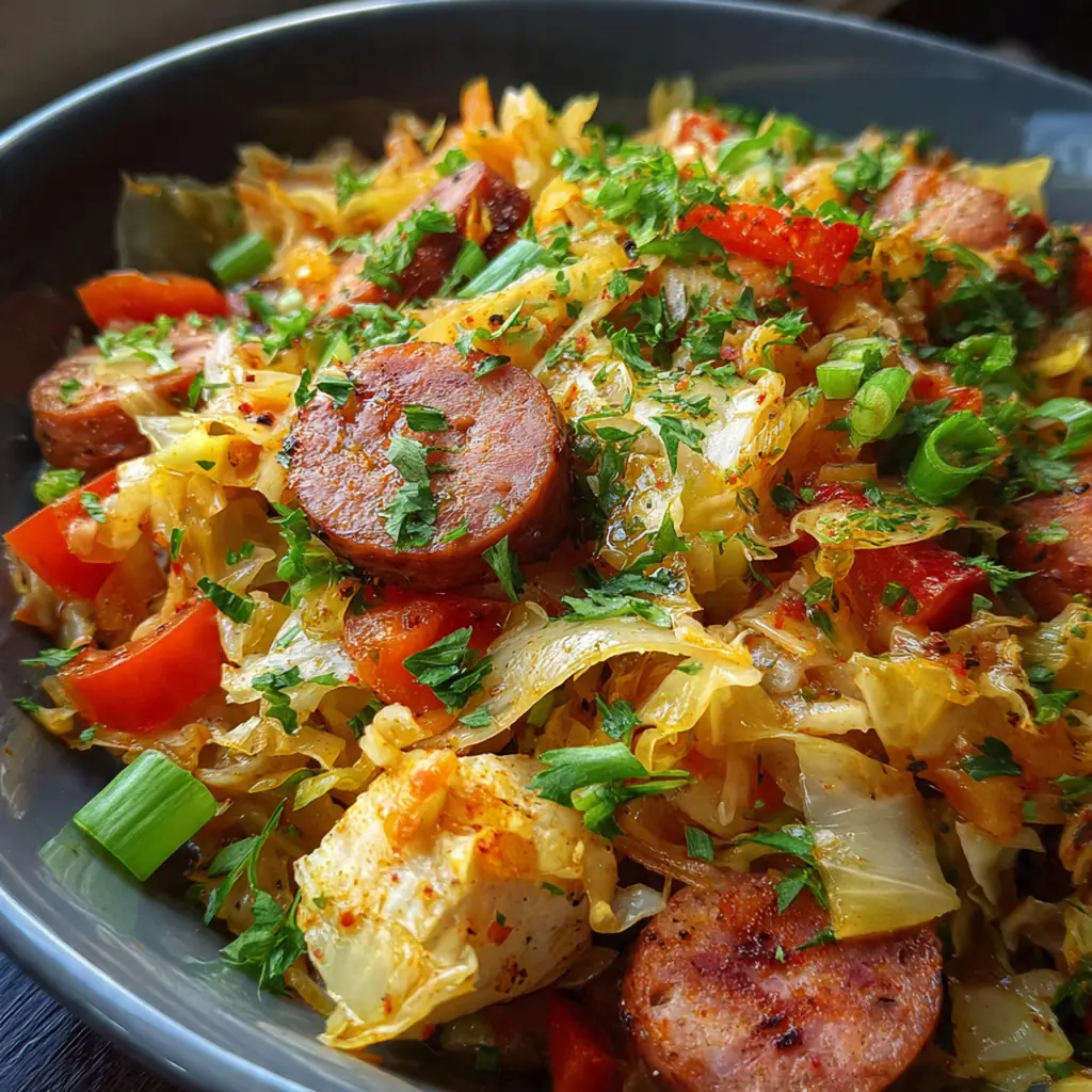 A bowl of finished Cajun cabbage jambalaya garnished with fresh parsley and green onions, served with crusty bread