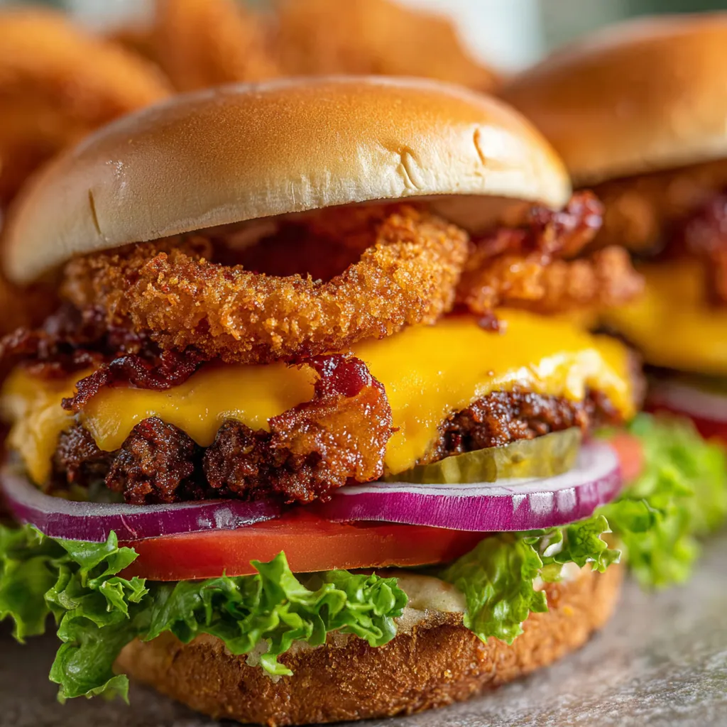 Overhead shot of ingredients for bacon cheeseburger onion rings including onions, beef, bacon, and cheese