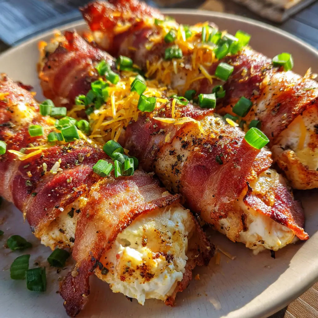 Close-up of a bacon rollup showing the creamy filling and brushed with glossy garlic butter