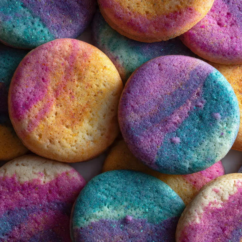 Close-up of a tie dye sugar cookie showing distinct color swirls and rainbow sprinkles baked into the dough