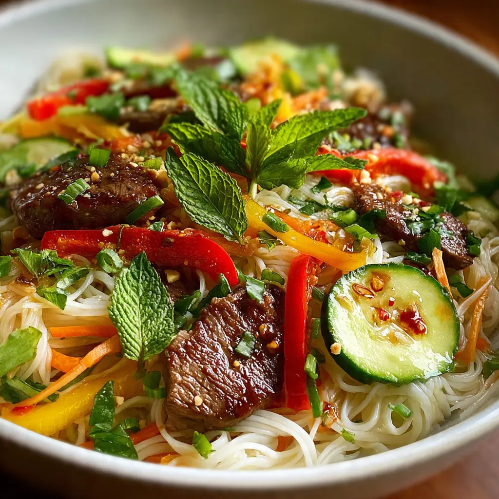 Fresh ingredients like cucumber ribbons, carrots, and herbs arranged next to a finished bowl