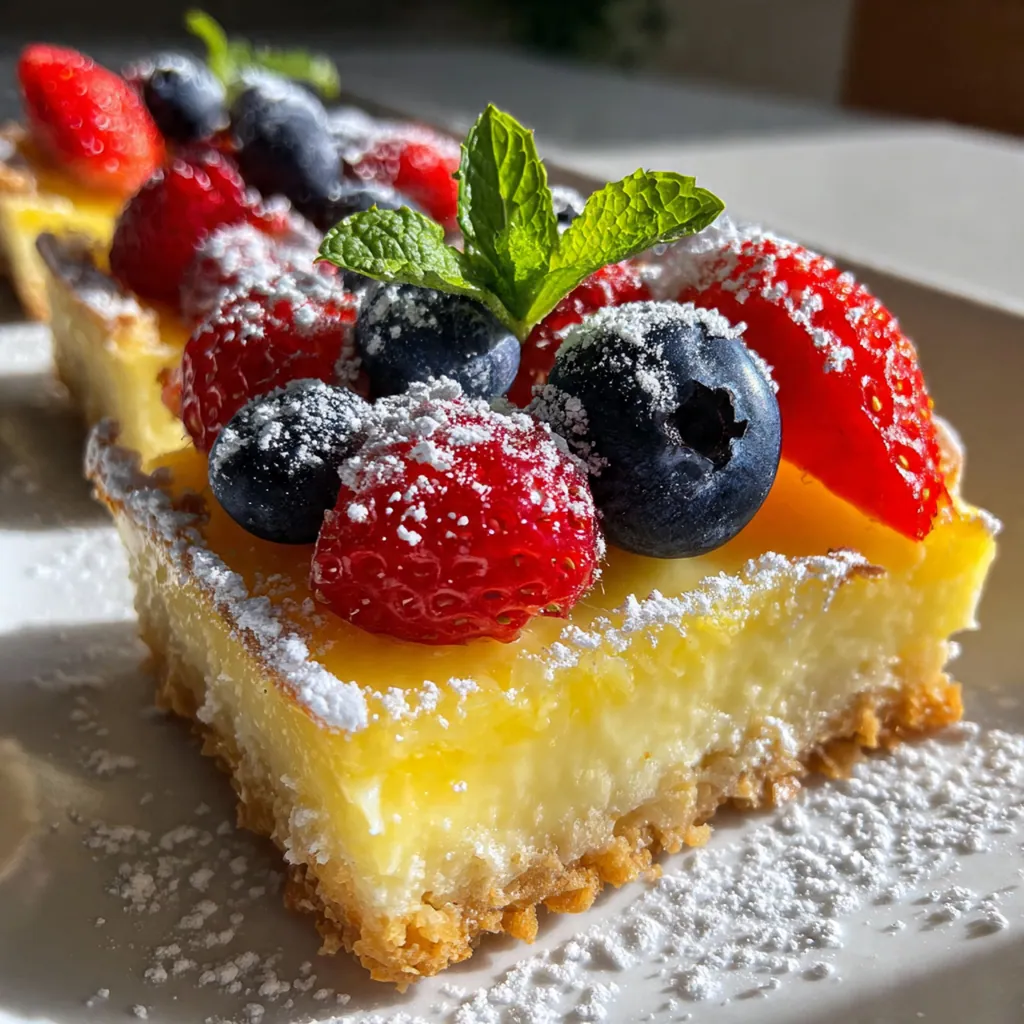 Close-up of a sliced vanilla custard square showing the crisp shortbread layer and smooth custard