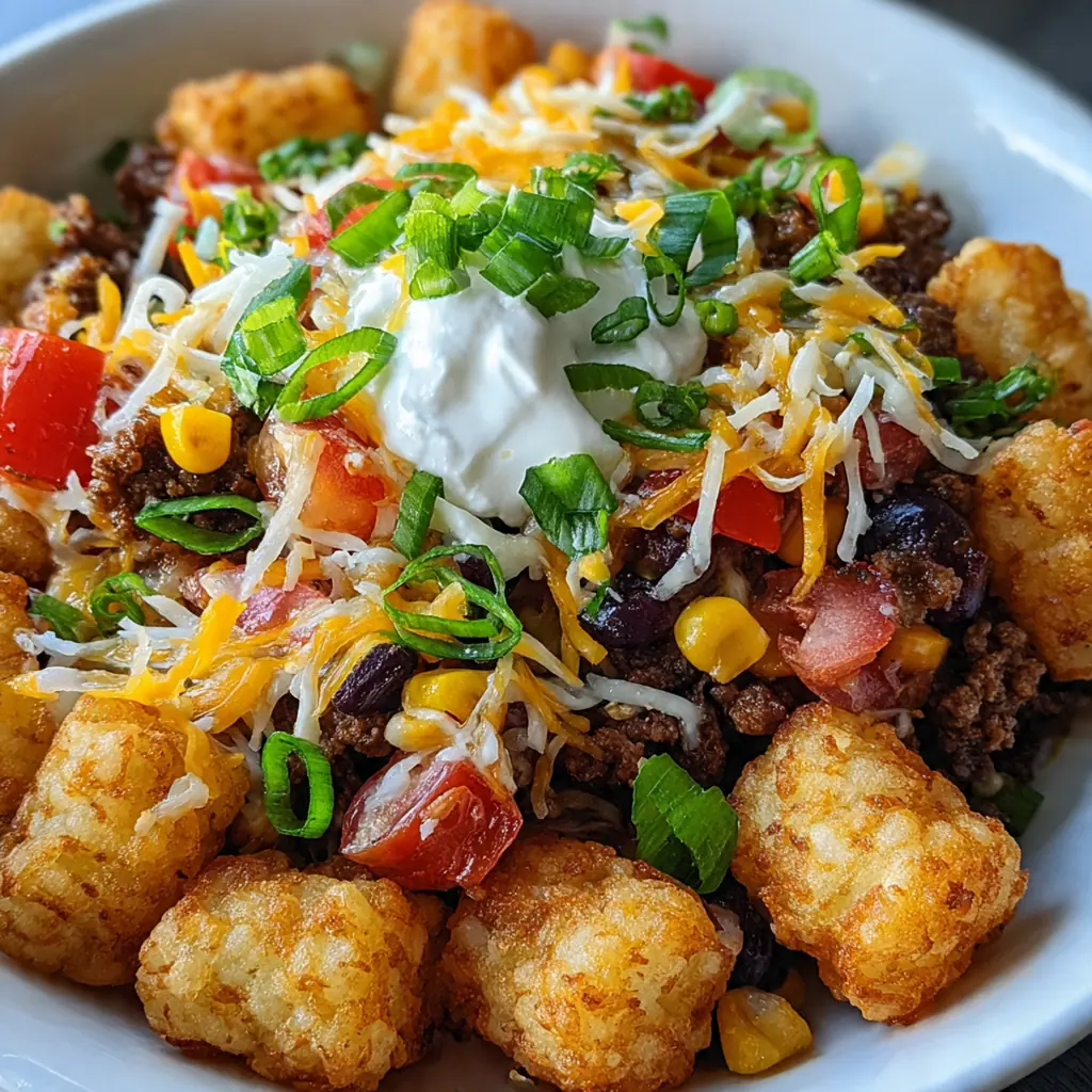 Close-up of a serving spoon lifting a portion with layers of savory beef, beans, and crispy potato tots