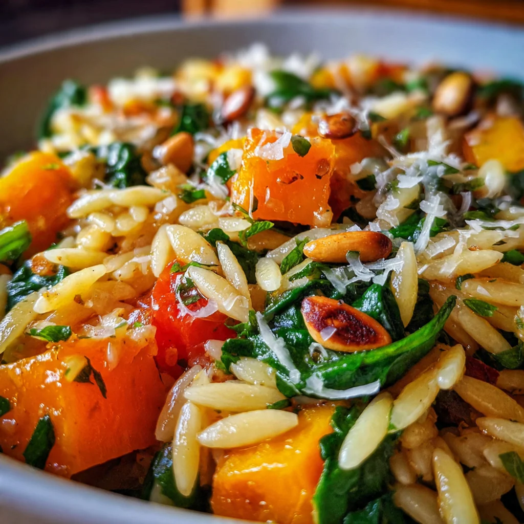 A rustic table setting with a skillet of creamy orzo butternut squash spinach and a glass of white wine