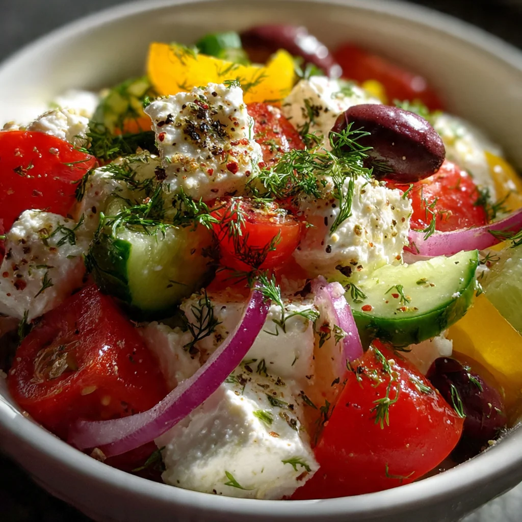 Close-up of the creamy cottage cheese base mixed with crisp cucumbers, juicy tomatoes, and tangy crumbled feta