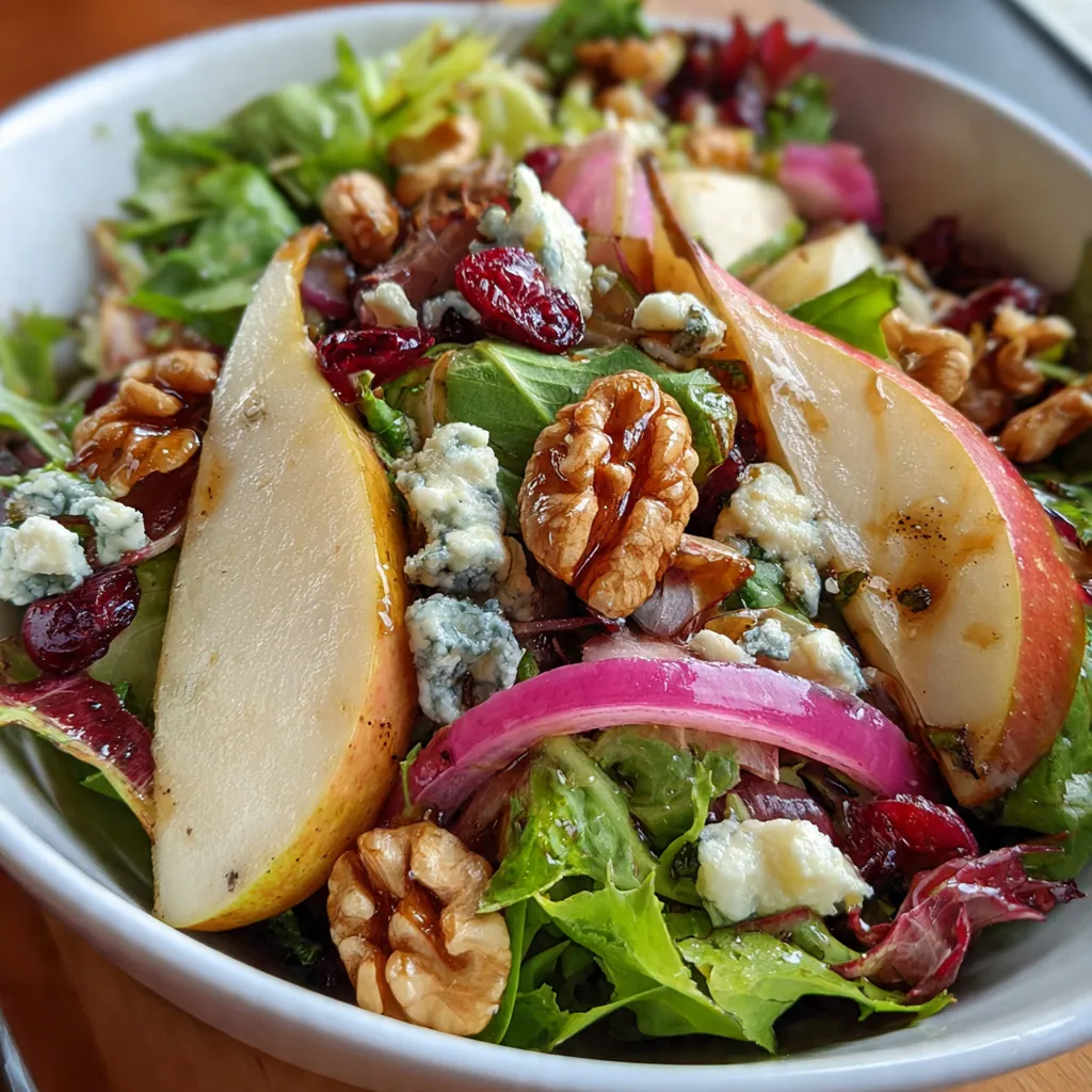 Overhead shot of the salad ingredients arranged neatly in a large wooden bowl before tossing