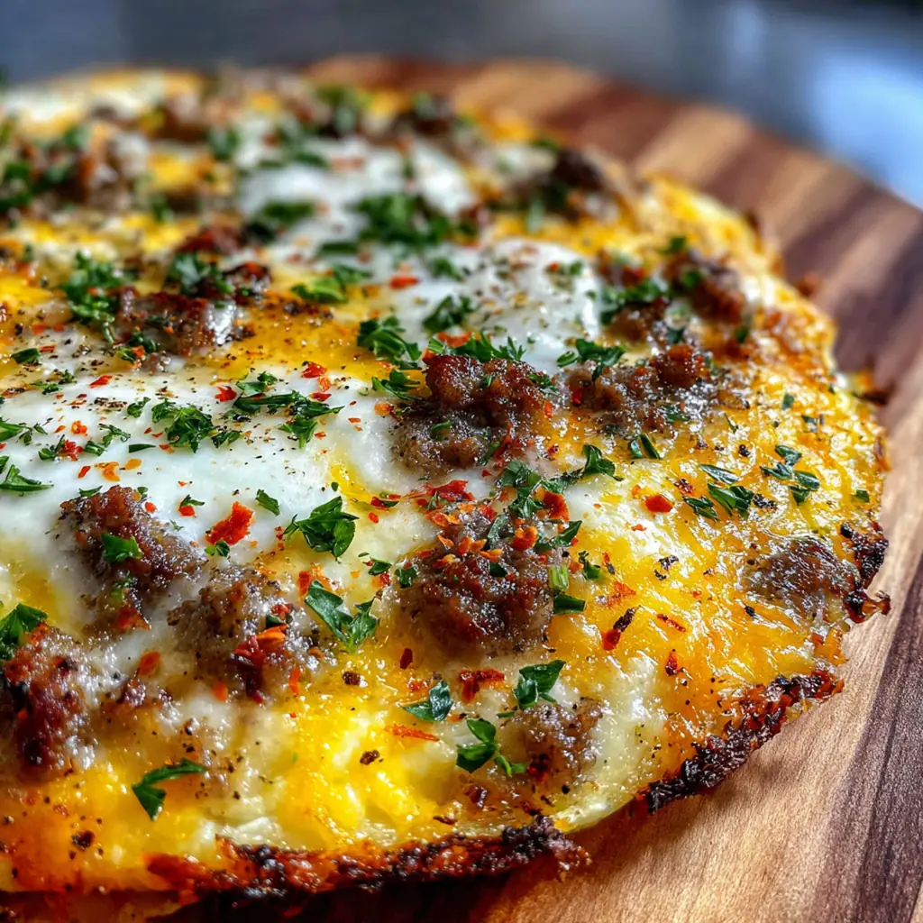 Overhead shot of the finished pizza on a cutting board garnished with green onions, ready for serving
