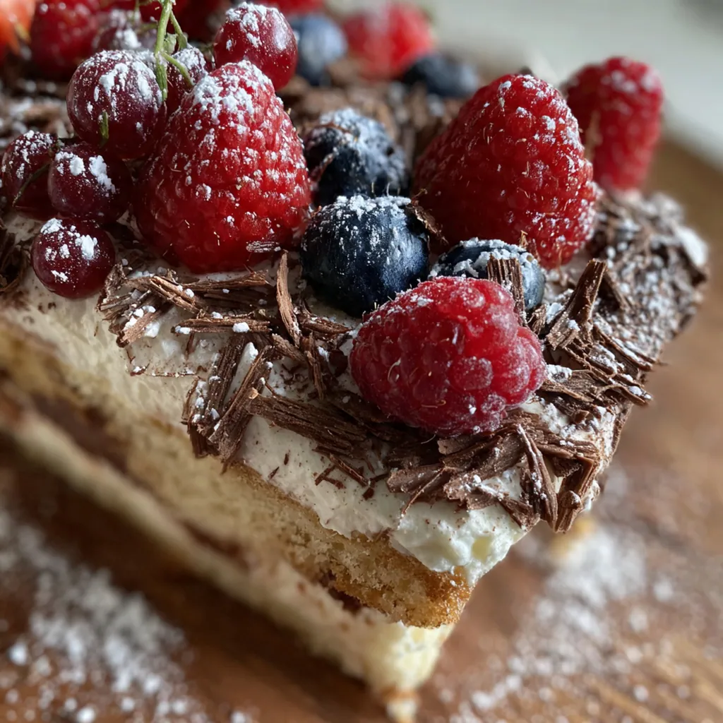 Overhead view of the finished cake garnished with coconut flakes and maraschino cherries on a dessert plate