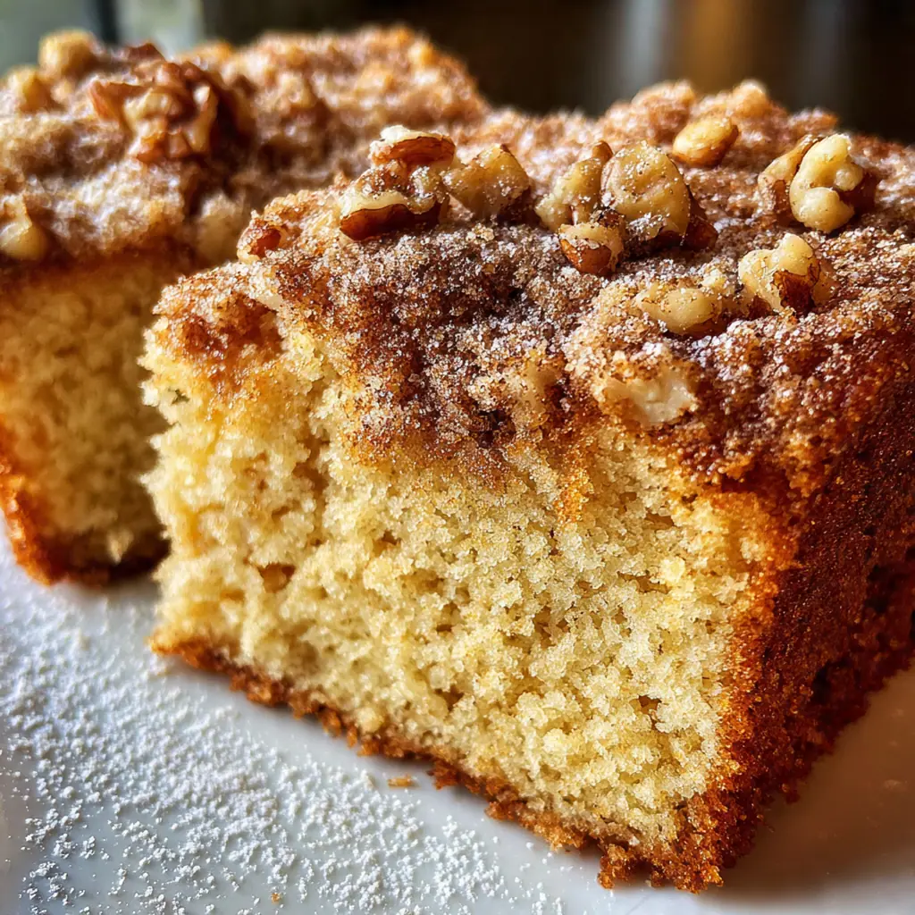 A beautiful piece of coffee cake on a vintage plate next to a steaming mug of coffee