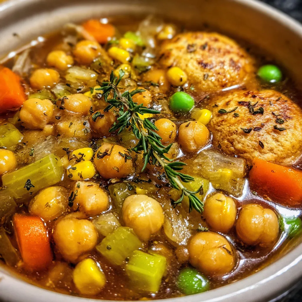A rustic wooden table with the pot pie dish, a sprig of fresh thyme, and a bowl of raw chickpeas nearby.