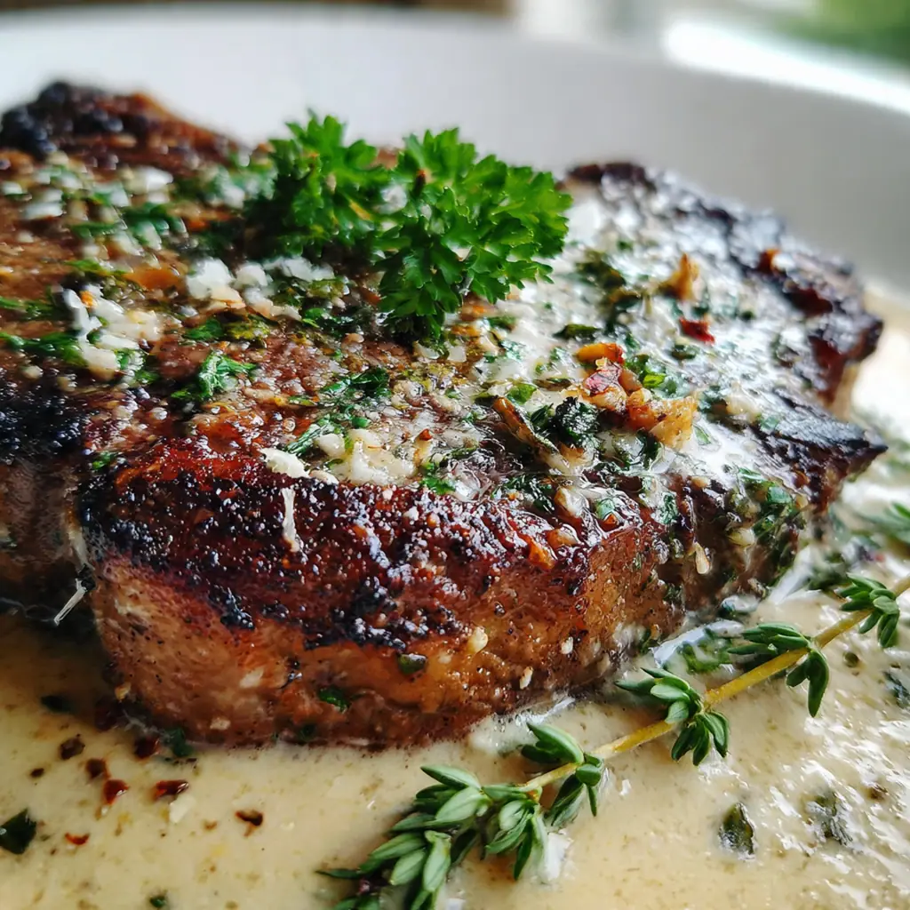 A complete dinner plate featuring creamy garlic parmesan steak with mashed potatoes and roasted asparagus