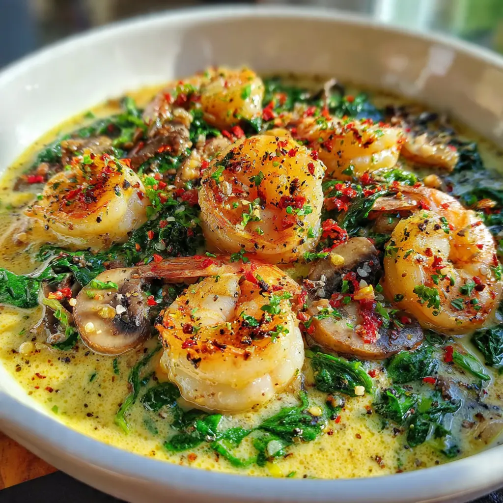 Close-up of tender pink shrimp and sliced mushrooms coated in a rich, velvety cream sauce