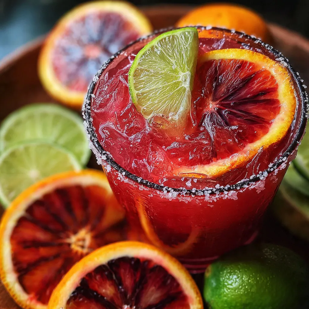 Close-up of a single vibrant red margarita in a glass with a blood orange wheel and ice