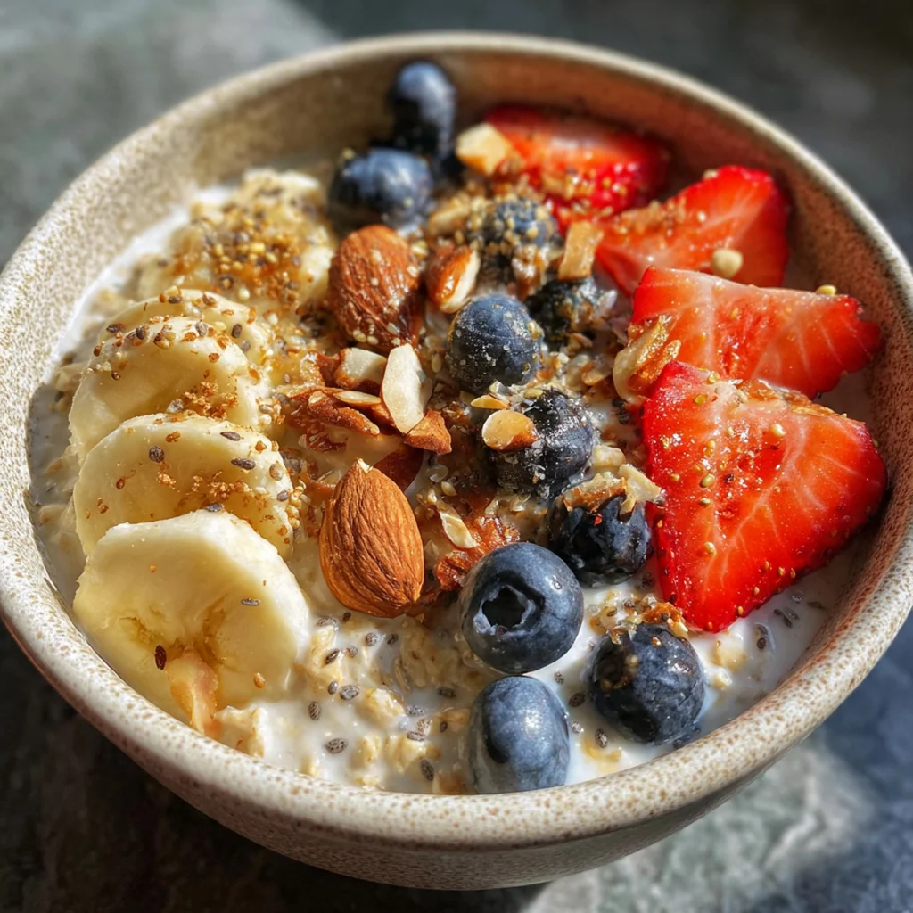 Close-up spoon dipping into a jar of overnight oats topped with fresh blueberries and sliced almonds