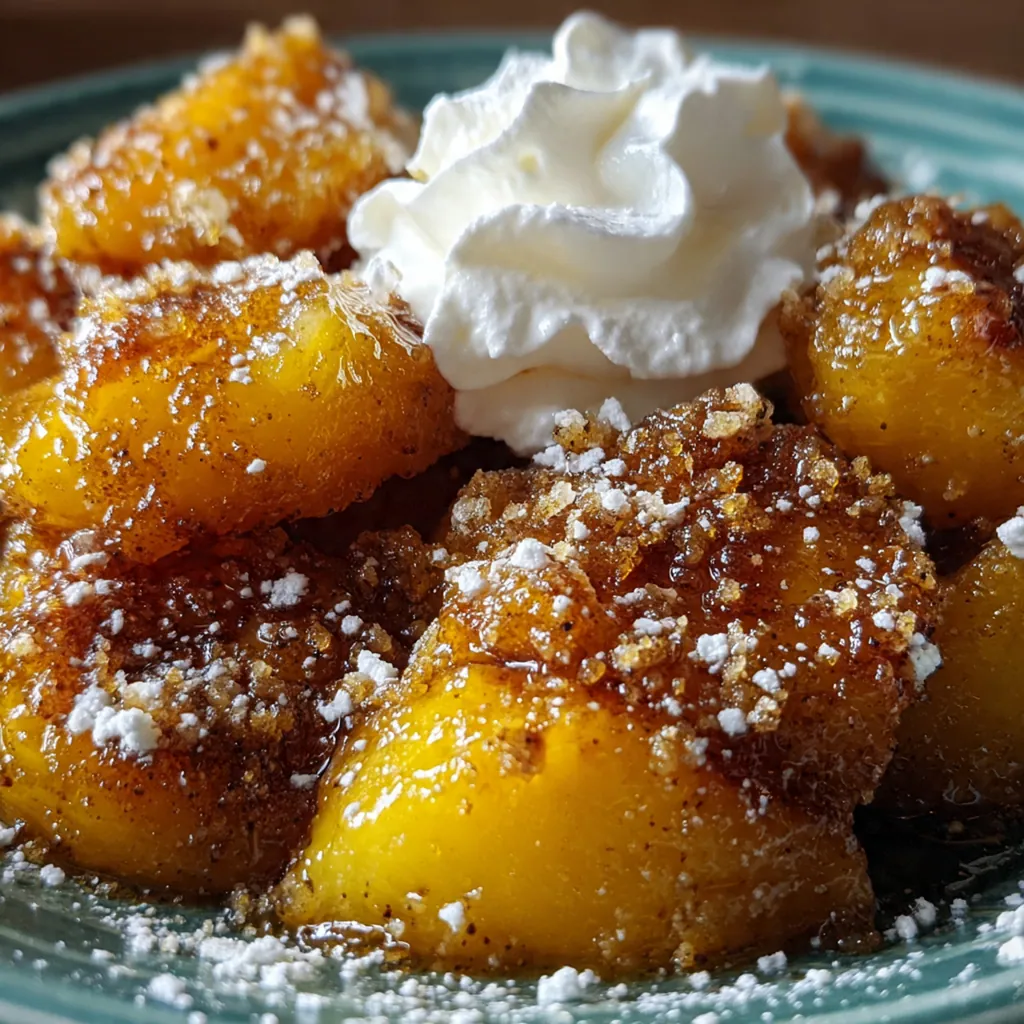 A beautiful bowl of Southern fried peaches served warm with fresh mint garnish and whipped cream