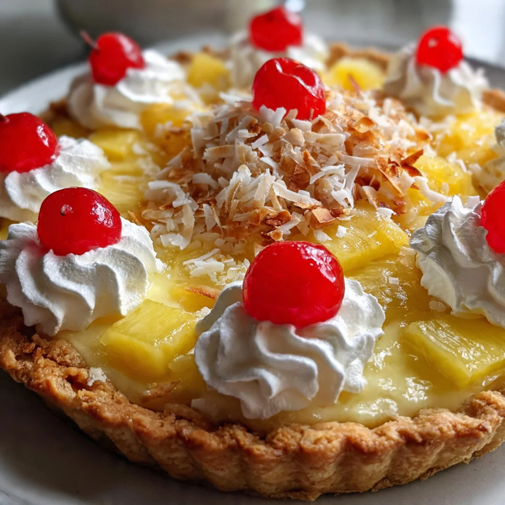 Close-up of fluffy pineapple pie filling with juicy crushed pineapple pieces in a golden graham cracker crust