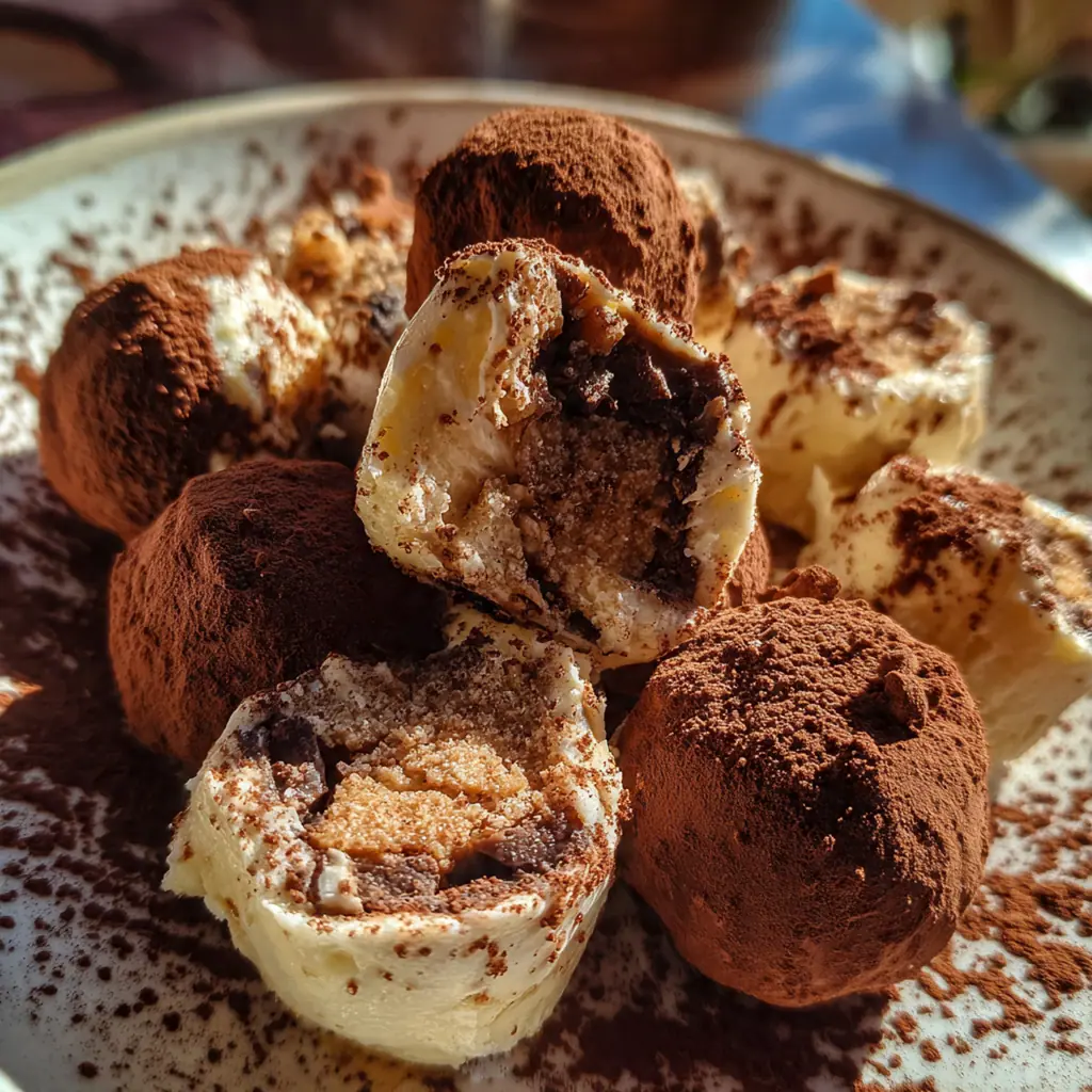 A decorative gift box filled with homemade tiramisu truffles tied with a ribbon