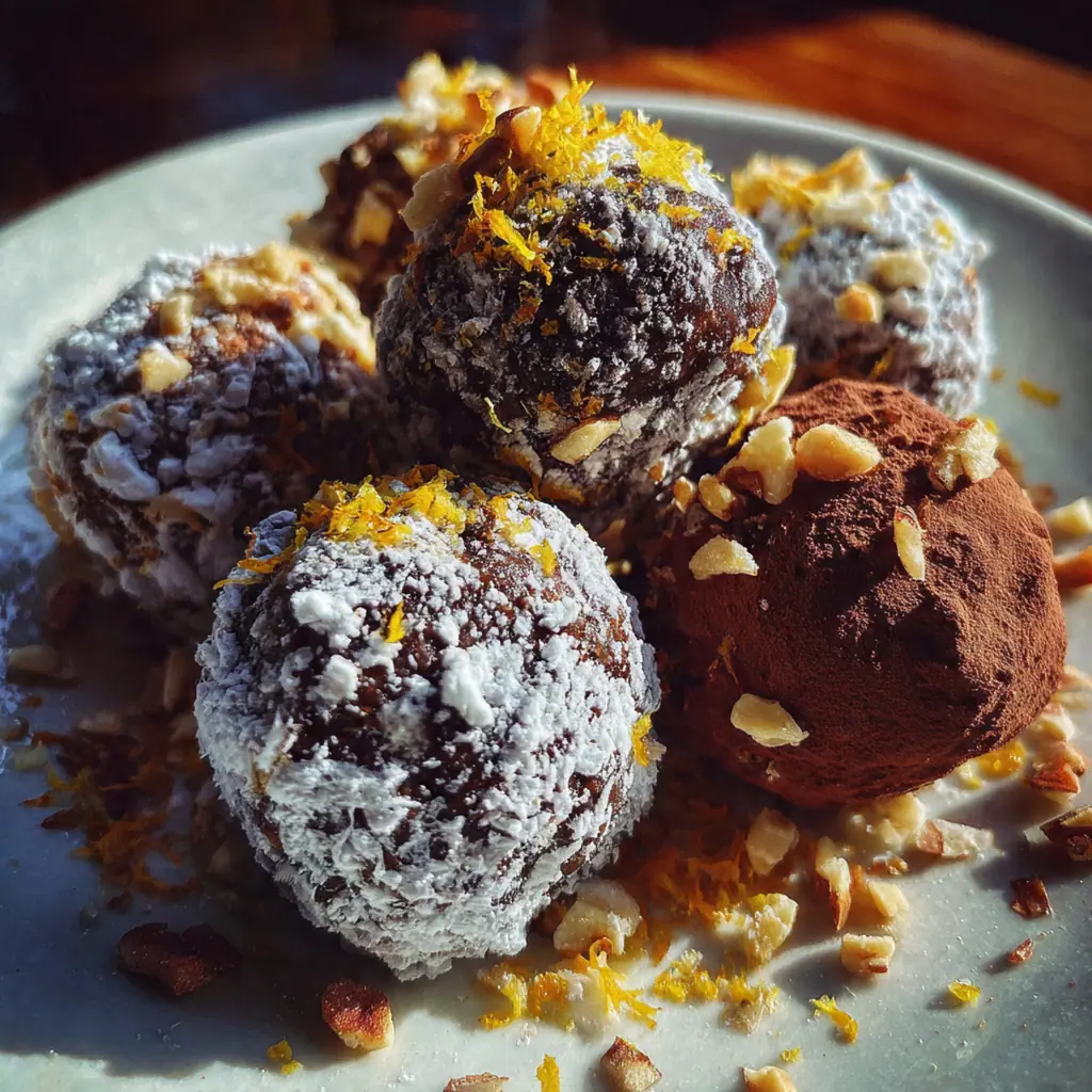 Hands rolling a dark chocolate ganache ball in a bowl of finely chopped toasted pecans