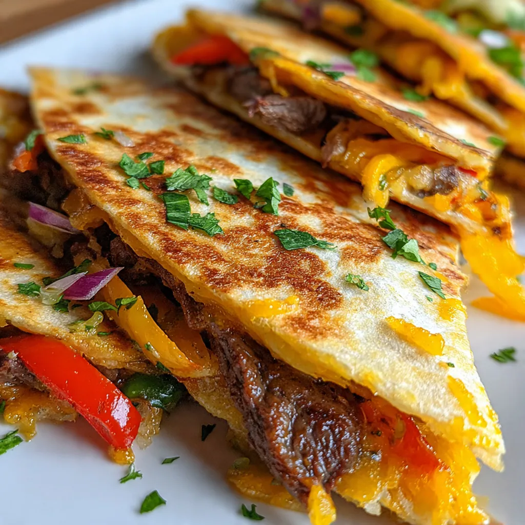 A plated serving of sliced steak quesadilla wedges with colorful toppings of salsa, sour cream, and avocado