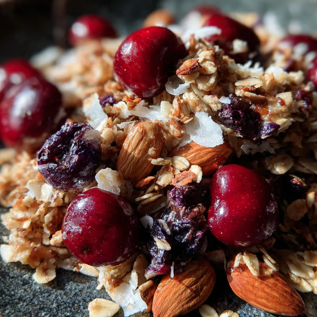 Close-up of a spoonful of warm cherry crisp with vanilla ice cream melting on top