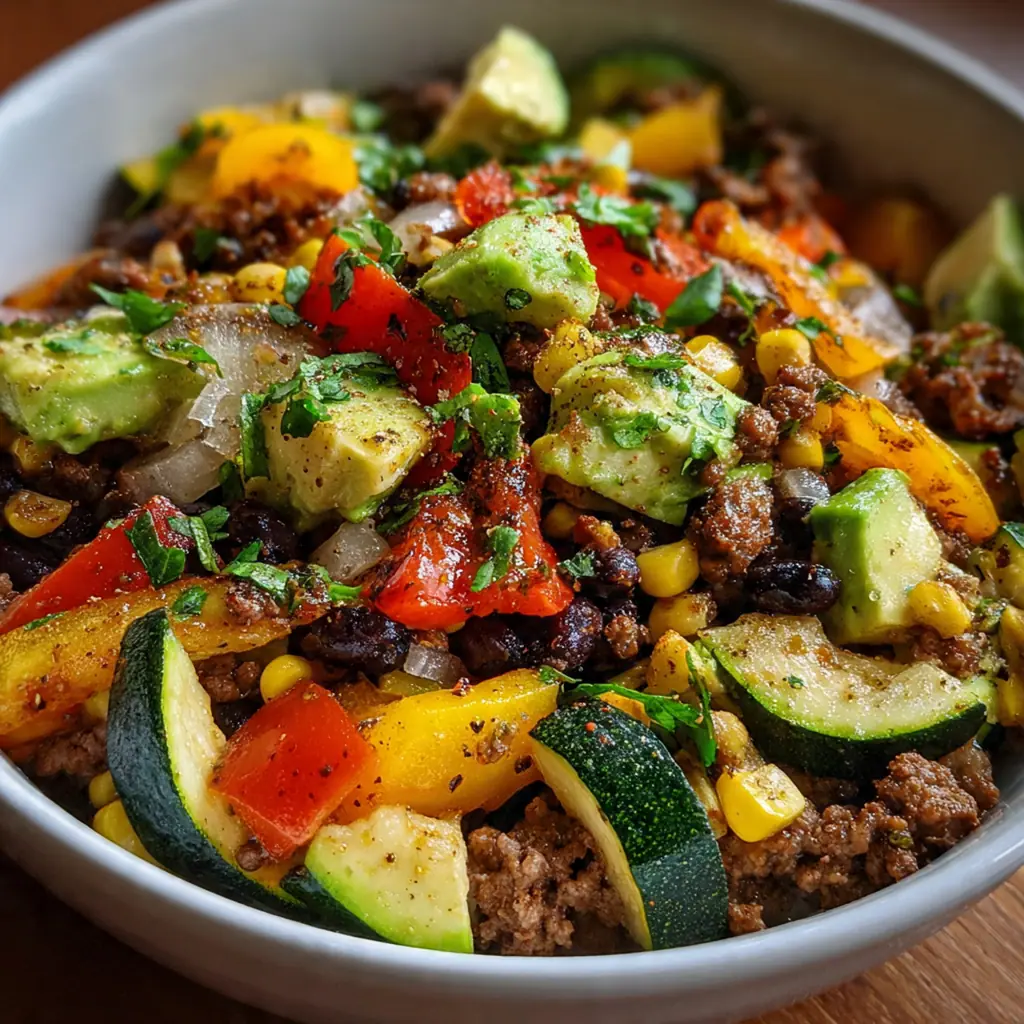 Close-up of the sizzling beef and vegetable mixture in a skillet, showing the rich, spiced texture